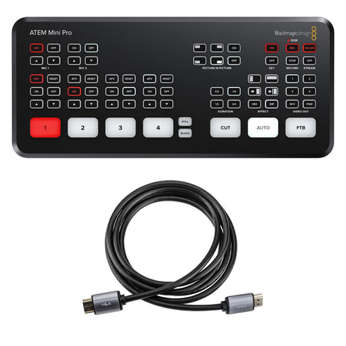 ATEM Mini Pro  
Blackmagicdesign  

ON OFF ON OFF  
MIC 1 MIC 2  
AFV RESET AFV RESET AFV RESET AFV RESET  
ON OFF ON OFF ON OFF ON OFF  
1 2 3 4  
CUT AUTO FTB  
PICTURE IN PICTURE  
ON OFF  
RECORD STREAM  
ON OFF STOP  
DURATION EFFECT VIDEO OUT  
0.5 1 1.5 2  
MIX DIP M/V PGM  
STILL BLACK