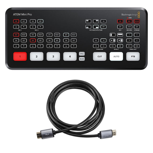 ATEM Mini Pro  
Blackmagicdesign  

ON OFF ON OFF  
MIC 1 MIC 2  
AFV RESET AFV RESET AFV RESET AFV RESET  
ON OFF ON OFF ON OFF ON OFF  
1 2 3 4  
CUT AUTO FTB  
PICTURE IN PICTURE  
ON OFF  
RECORD STREAM  
ON OFF STOP  
DURATION EFFECT VIDEO OUT  
0.5 1 1.5 2  
MIX DIP M/V PGM  
STILL BLACK