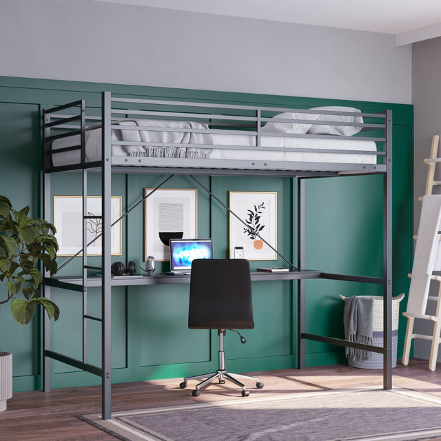 Front. Emma + Oliver - Jensen Metal Loft Bed Frame with Desk, Protective Guard Rails and Ladder for Kids, Teens and Adults - Black.