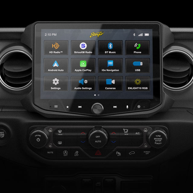2:10 PM Stinger HD  
HD Radio™  
SiriusXM Radio  
BT Music  
Phone  
Android Auto  
Apple CarPlay  
iGo Navigation  
USB  
Settings  
Audio Settings  
Cameras  
ENLIGHT10 RGB  
A/C  
TUND  
BROWSE  
ENTER  
SCROLL  
MUTE  
OFF  
AUTO  
FRNT  
OFF  
SCREEN OFF