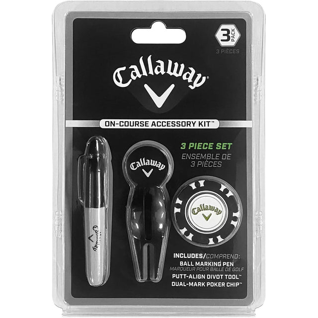 3 PACK 3 PIECES Callaway ON-COURSE ACCESSORY KIT 3 PIECE SET ENSEMBLE DE 3 PIECES INCLUDES/COMPREND: BALL MARKING PEN MARQUEUR POUR BALLE DE GOLF PUTT-ALIGN DIVOT TOOL DUAL-MARK POKER CHIP