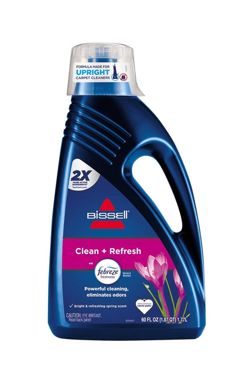 FORMULA MADE FOR UPRIGHT CARPET CLEANERS  
2X MORE ACTIVE INGREDIENTS*  
BISSELL Clean + Refresh with febreze Spring Renewal & freshness  
Powerful cleaning, eliminates odors  
Bright & refreshing spring scent every time  
CAUTION: EYE IRRITANT. Read back panel  
60 FL OZ (1.87 QT) 1.77L  
*Read back panel