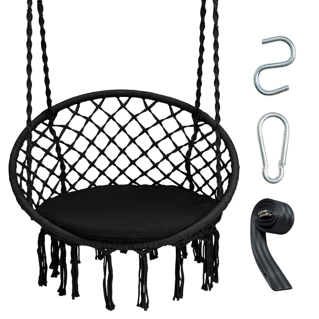 Front. Gymax - Gymax Hammock Swing Chair with Cushion Hanging Hardware Kit Indoor Outdoor Black - Black.