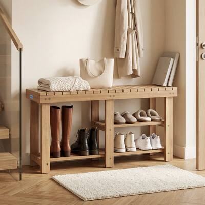 Costway - 3-Tier Solid Wood Shoe Rack Bench with Slatted Shelves for Front Door, Entrance