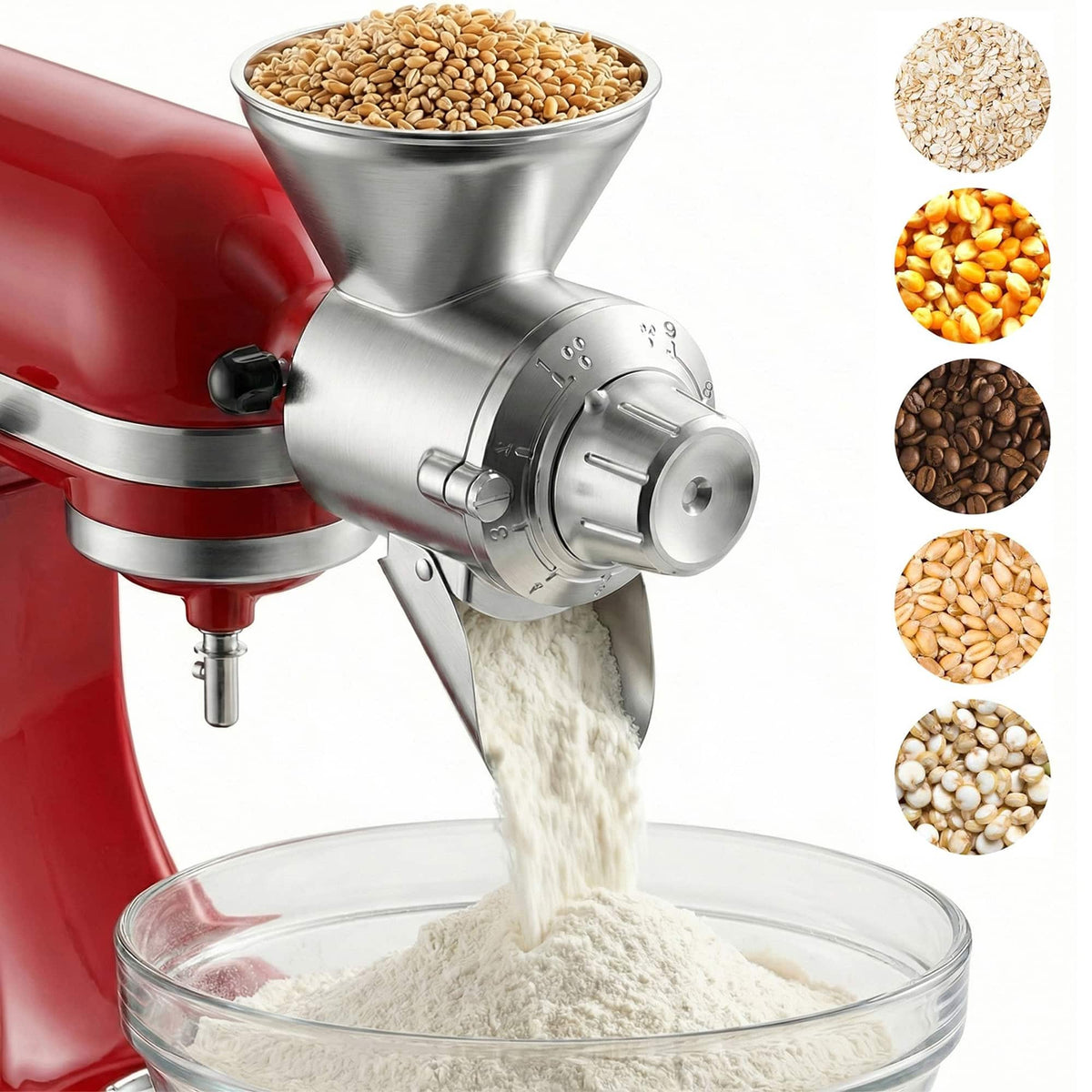 Gvode - Grain Mill Attachment, Compatible with KitchenAid®, All metal, 9 Grind Levels, Grains/ Cereals - Silver