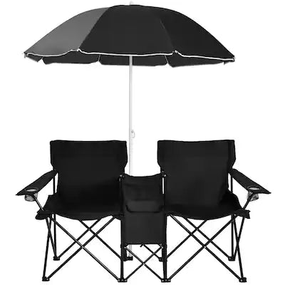 Costway - Portable Folding Picnic Double Chair W/Umbrella Table Cooler Beach Camping