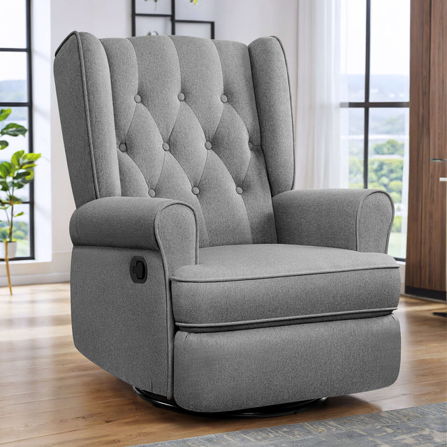 Front. Brick Attic - Recliner Chair 360 Swivel Glider, Ergonomic Living Room Chair with Armrests and Decorative Buttons - Grey.