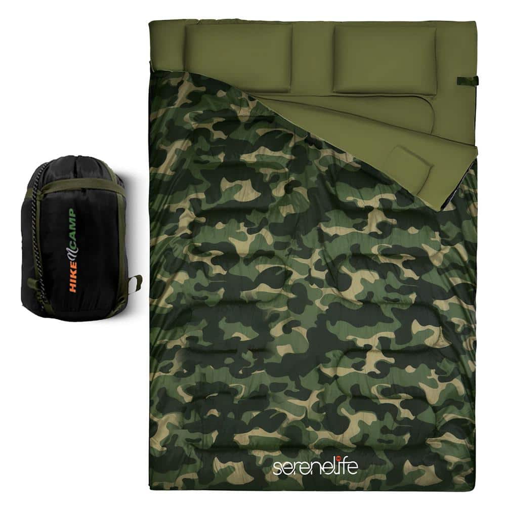 SereneLife - Backpacking Sleeping Bag Camping Gear - Double Sleeping Bag for Adults/Teens w/ 2 Pillows - Camouflage