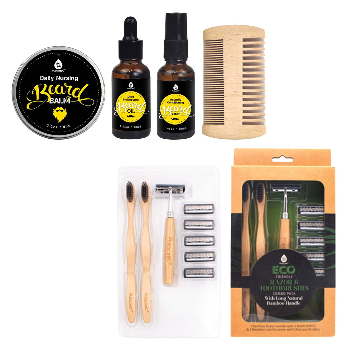 Pursonic - Beard Care Grooming Kit & Eco Friendly Razor + Toothbrushes Combo Pack - Multicolor