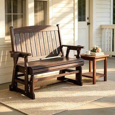 Fortune Candy - Wooden Patio Glider with Cup Holders, High Back and Deep Contoured Seat, for Porch Yard Garden (2-Seater)