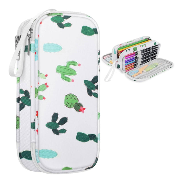 Front. Kitcheniva - Three-layer Pencil Case Organizer Pen Pouch Cactus - White Green.