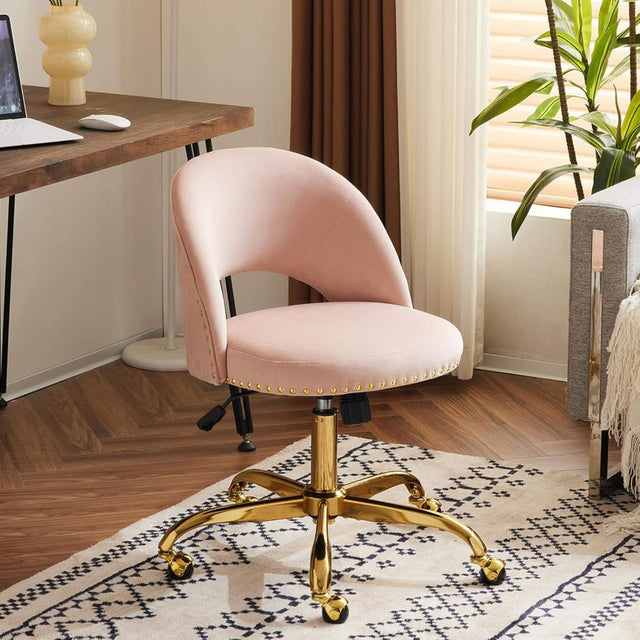 Front. Winado - Modern Velvet Cute Desk Chair with Wheels,Gold Base/Studs, Comfy Armless Swivel Vanity Task Nail Tech Chair for Bedroom - Pink.