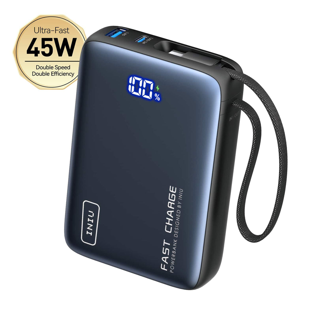 INIU - Portable Charger, Compact 20000mAh PD Power Bank with Built-in Cable & Digital Display for iPhone, Samsung etc - Black