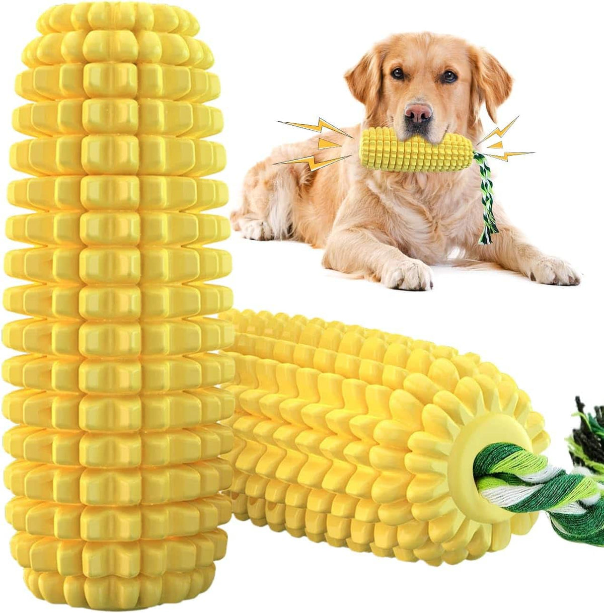 PUPIHOM - Corn Shaped Squeak Durable Rubber Dental Dog Chew Toy With Rope - Yellow