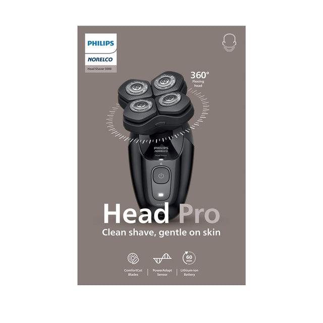 PHILIPS NORELCO  
Head Shaver 5000  

360° Flexing head  

Head Pro  
Clean shave, gentle on skin  

ComfortCut Blades  
PowerAdapt Sensor  
60 min Lithium-ion Battery
