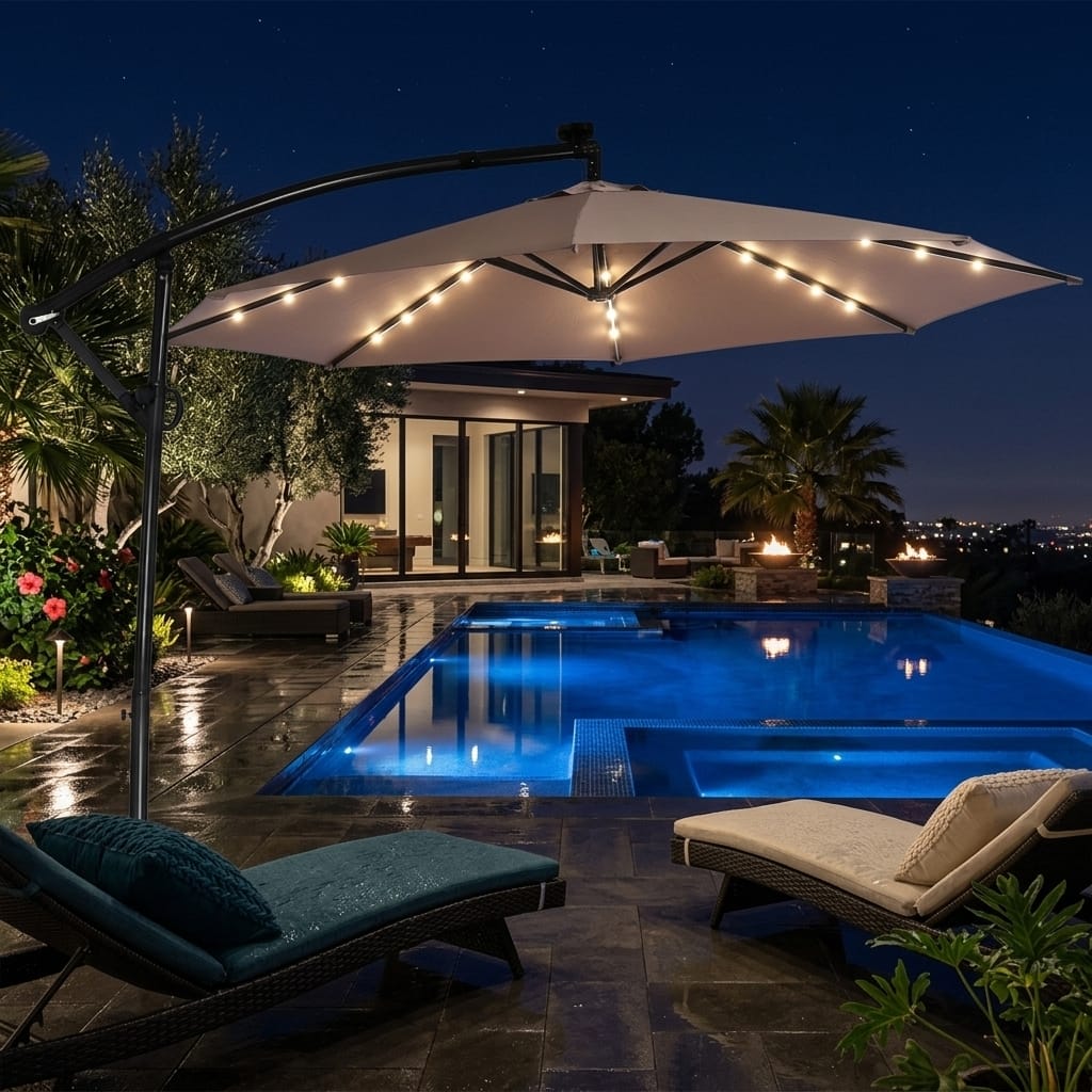 WELLFOR - 10FT 360° Rotation Solar Powered LED Offset Patio Umbrella with Tilt and Crank