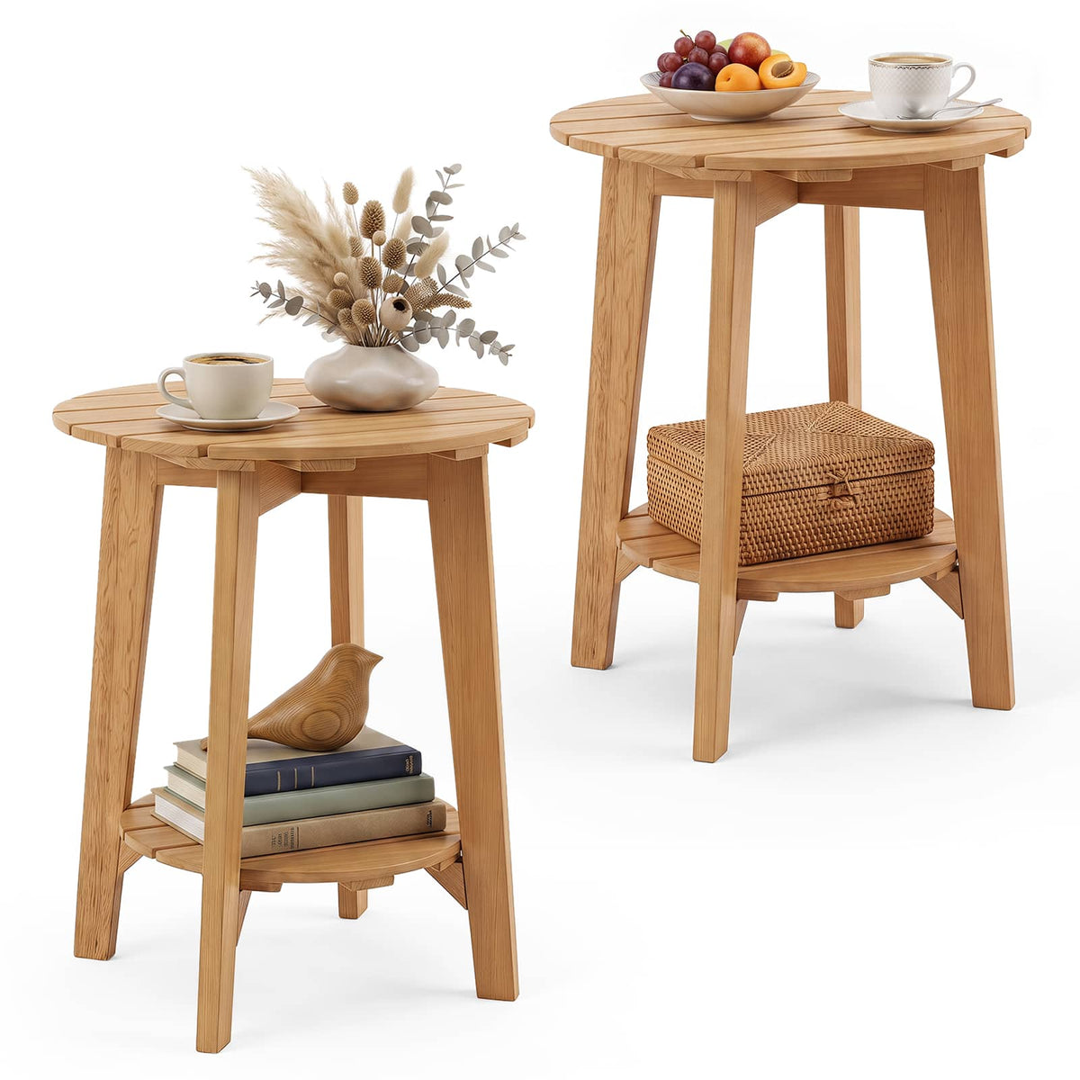 Gymax - 2PCS Outdoor Eucalyptus Wood Side Table 2-Tier End Table Slatted Tabletop Natural - Yellow