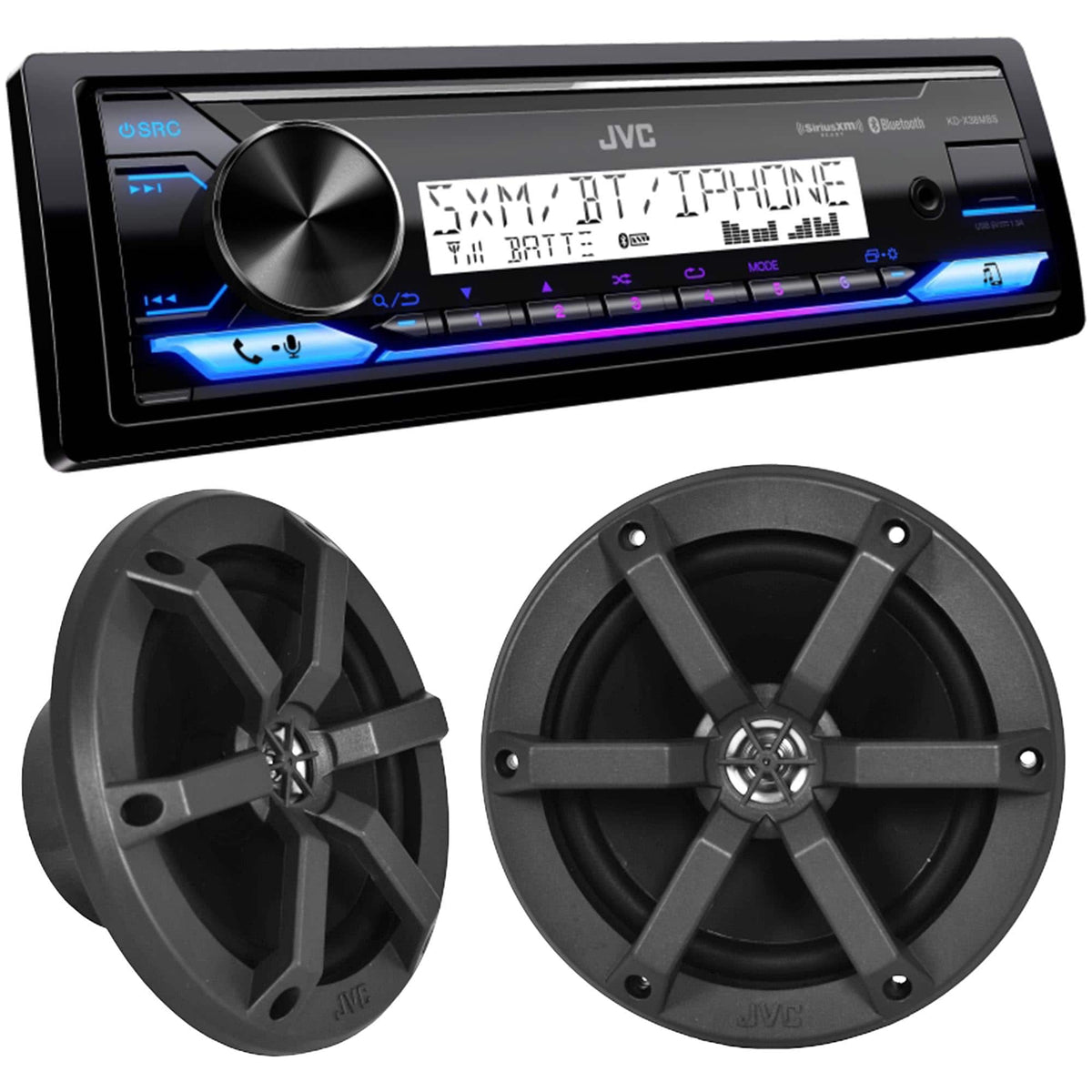 KD-X38MBS Single DIN Mechless USB AUX Bluetooth Car Digital Media Stereo Receiver with JVC CS-MS620 6.5" 2-Way - Black/Gray
