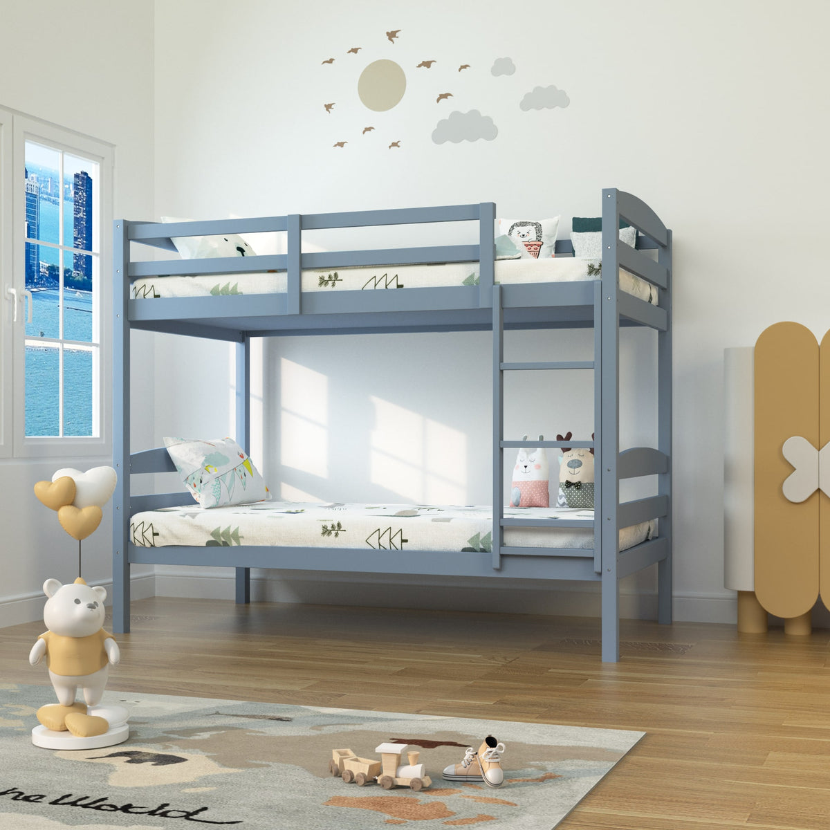 Vaczon - Twin Bunk Bed Frame with Solid Wood Construction, Space-Saving Design for Kids' Bedrooms and Dorm Rooms - Gray