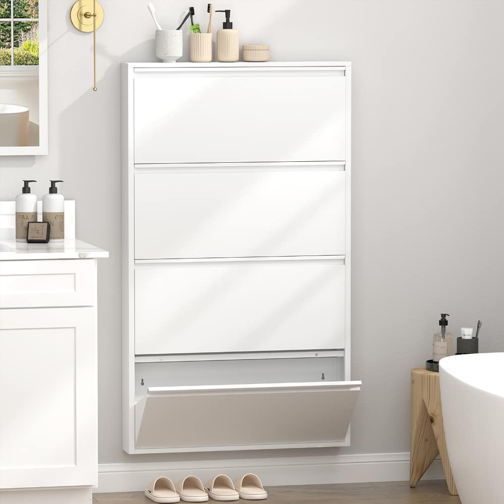 Loheer - Metal Shoe Cabinet 4 Flip Drawer Shoe Organizer - White