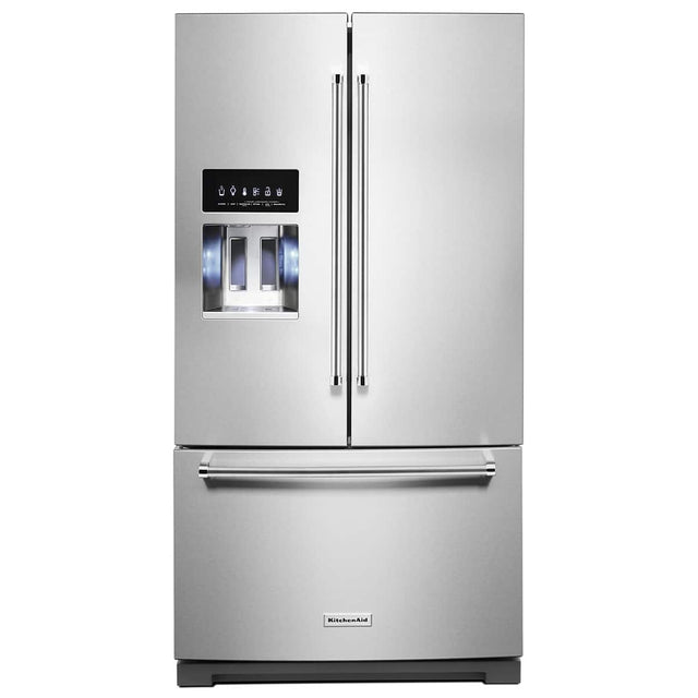 Front. KitchenAid - 36 in. Wide 26.8 cu. ft. Standard-Depth French Door Refrigerator with Exterior Ice and Water Dispenser - Stainless Steel with PrintShield Finish.