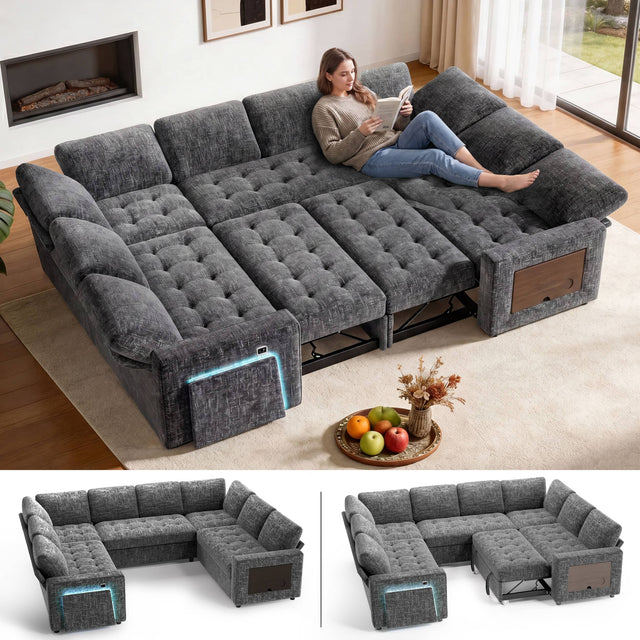 Front. Dyonery - 8-Seat Modular Sectional Sleeper Sofa with Pull Out Bed/Reclining Backrest/USB Ports/Table/LED Light/Storage - Gray.
