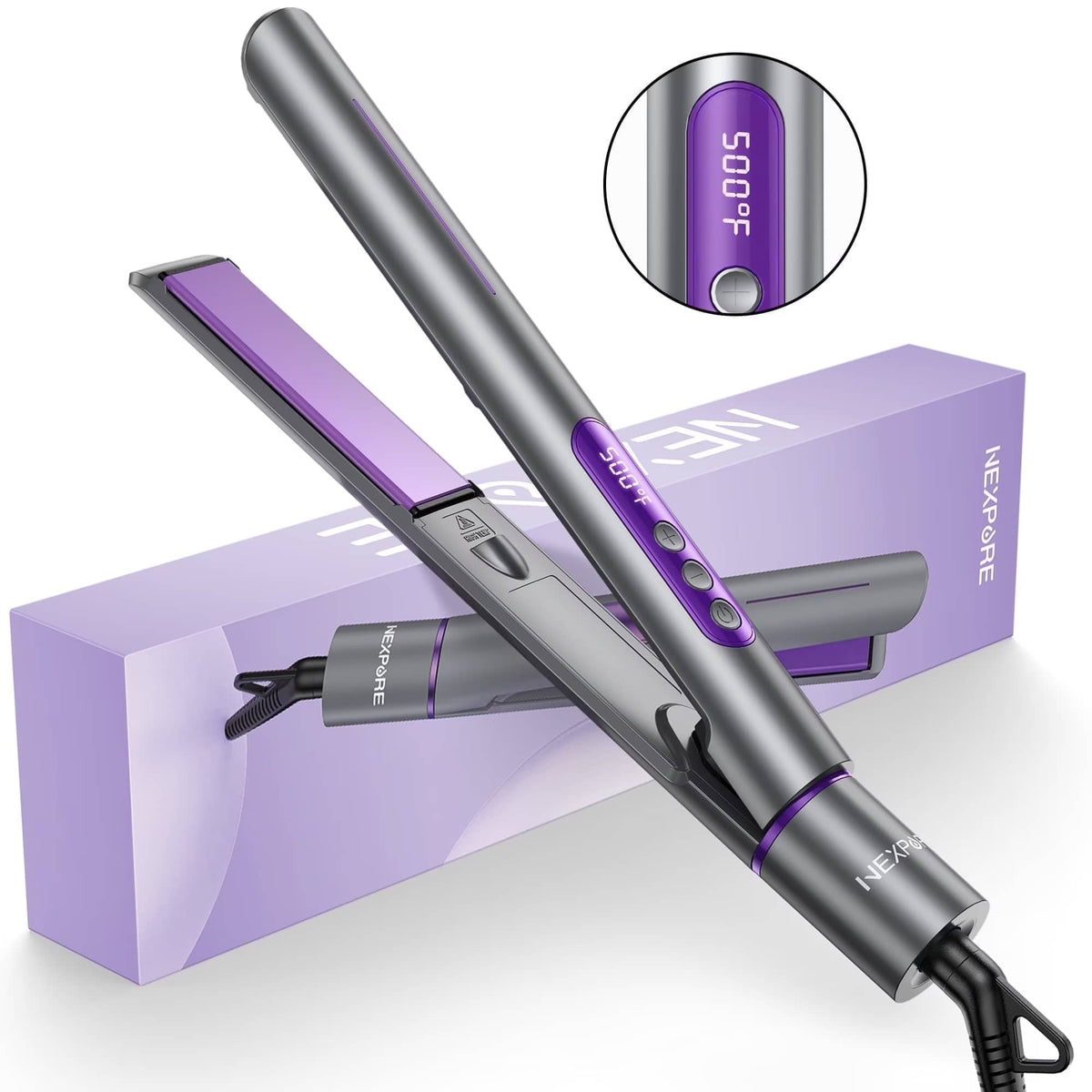 NEXPURE - Ionic Flat Iron 2 in 1 Ceramic Hair Straightener Curling Iron Fast Heating Dual Voltage - Purple