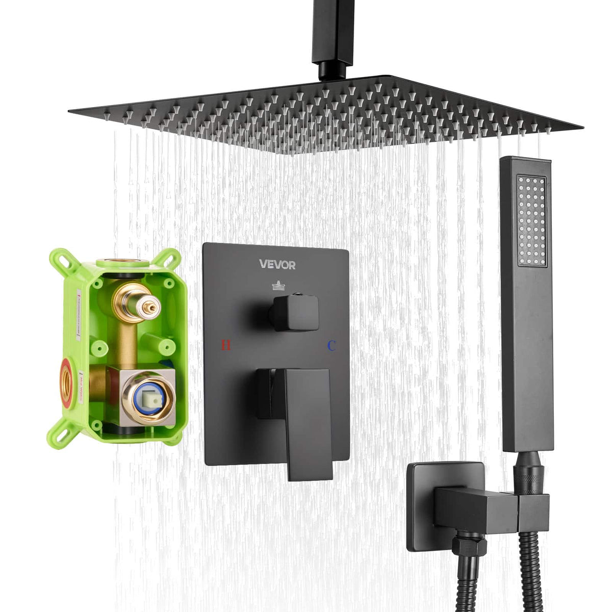 VEVOR - Shower Faucet Set, Rainfall Bathroom Shower System with 10-Inch Square Rain Shower Head and Handheld Spray - Matte Black