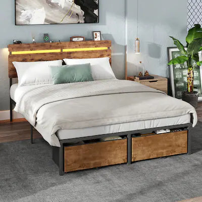 Furnulem - Platform Bed with 2 Drawers and Open Storage Headboard Adjustable LED Light and Charging Station