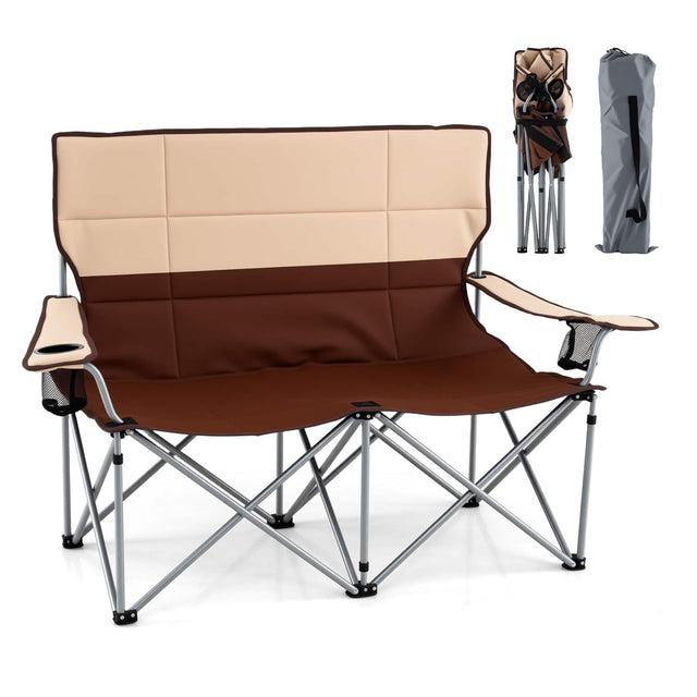 Front. Gymax - Gymax Double Camping Chair w/Carry Bag 2 Cup Holders Premium Oxford Fabric for Lawn Brown & Khaki - Brown.
