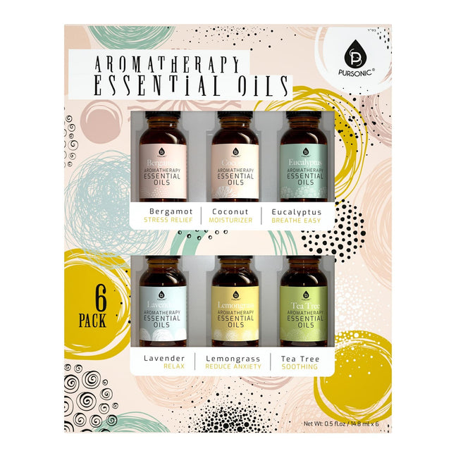 Bergamot AROMATHERAPY ESSENTIAL OILS - Coconut AROMATHERAPY ESSENTIAL OILS - Eucalyptus AROMATHERAPY ESSENTIAL OILS - Lavender AROMATHERAPY ESSENTIAL OILS - Lemongrass AROMATHERAPY ESSENTIAL OILS - Tea Tree AROMATHERAPY ESSENTIAL OILS

Bergamot - STRESS RELIEF
Coconut - MOISTURIZER
Eucalyptus - BREATHE EASY
Lavender - RELAX
Lemongrass - REDUCE ANXIETY
Tea Tree - SOOTHING

Net Wt: 0.5 flOz / 14.8 ml x 6