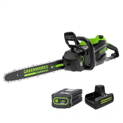 Greenworks - 82V 16" Brushless (2.4 kW) Cordless Chainsaw (225 Cuts Per Charge), 4Ah Battery and Dual Port Charger