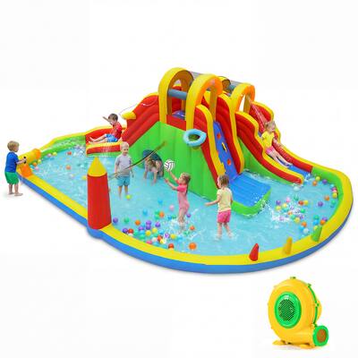 Costway - Water Slide Park, Bounce House with 2 Long Slides & Climbing Walls, for Yard Party