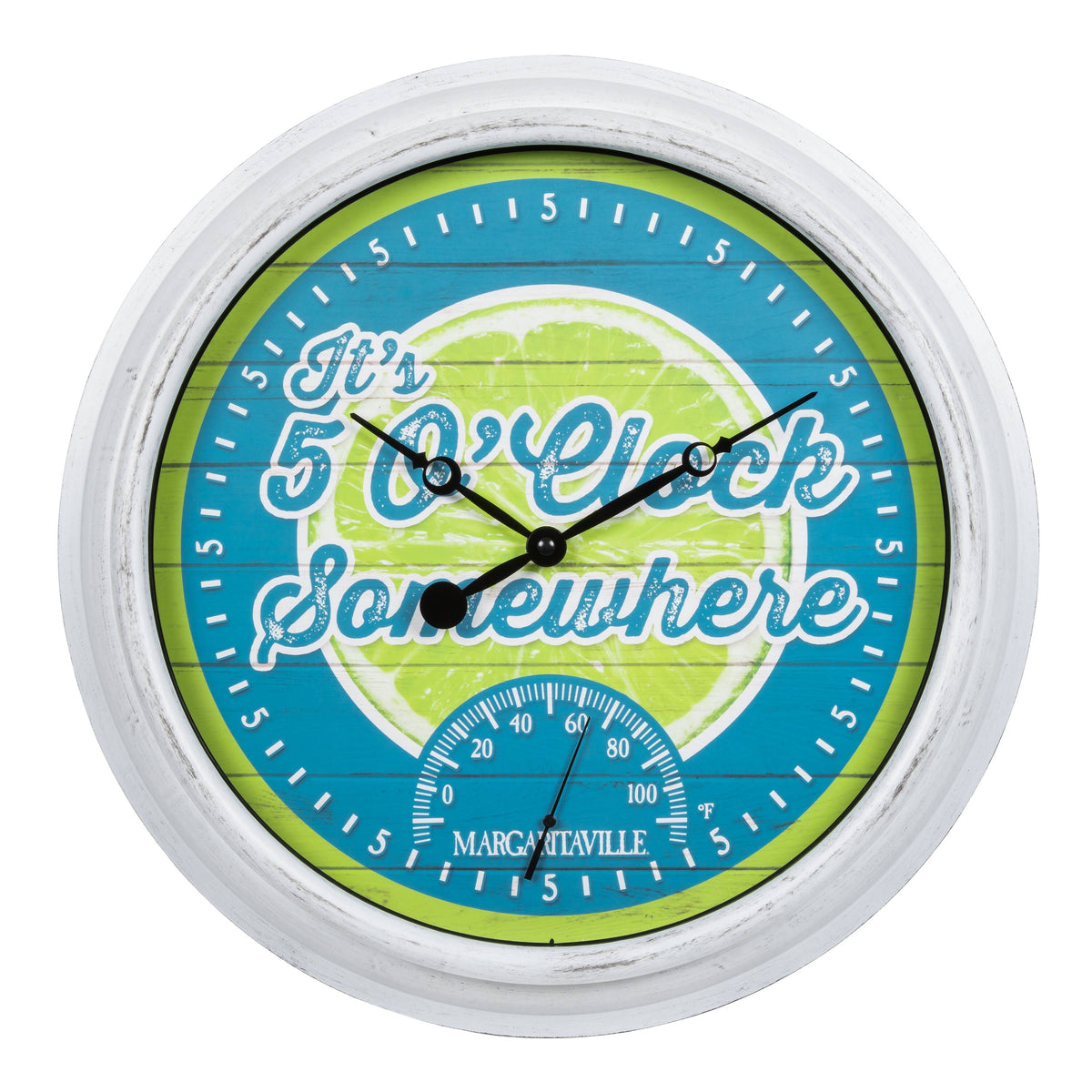 La Crosse Clock Co. - 15.75 Inch Margaritaville 5 O'clock Somewhere Indoor/Outdoor Analog Quartz Wall Clock with Temperature - Multicolor/White