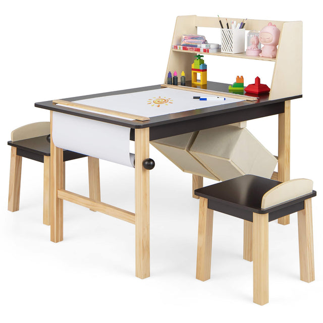 Front. Costway - Costway Kids Art Table & Chairs Set Wooden Drawing Desk with Paper Roll Storage Shelf Bins - Coffee/Natural.