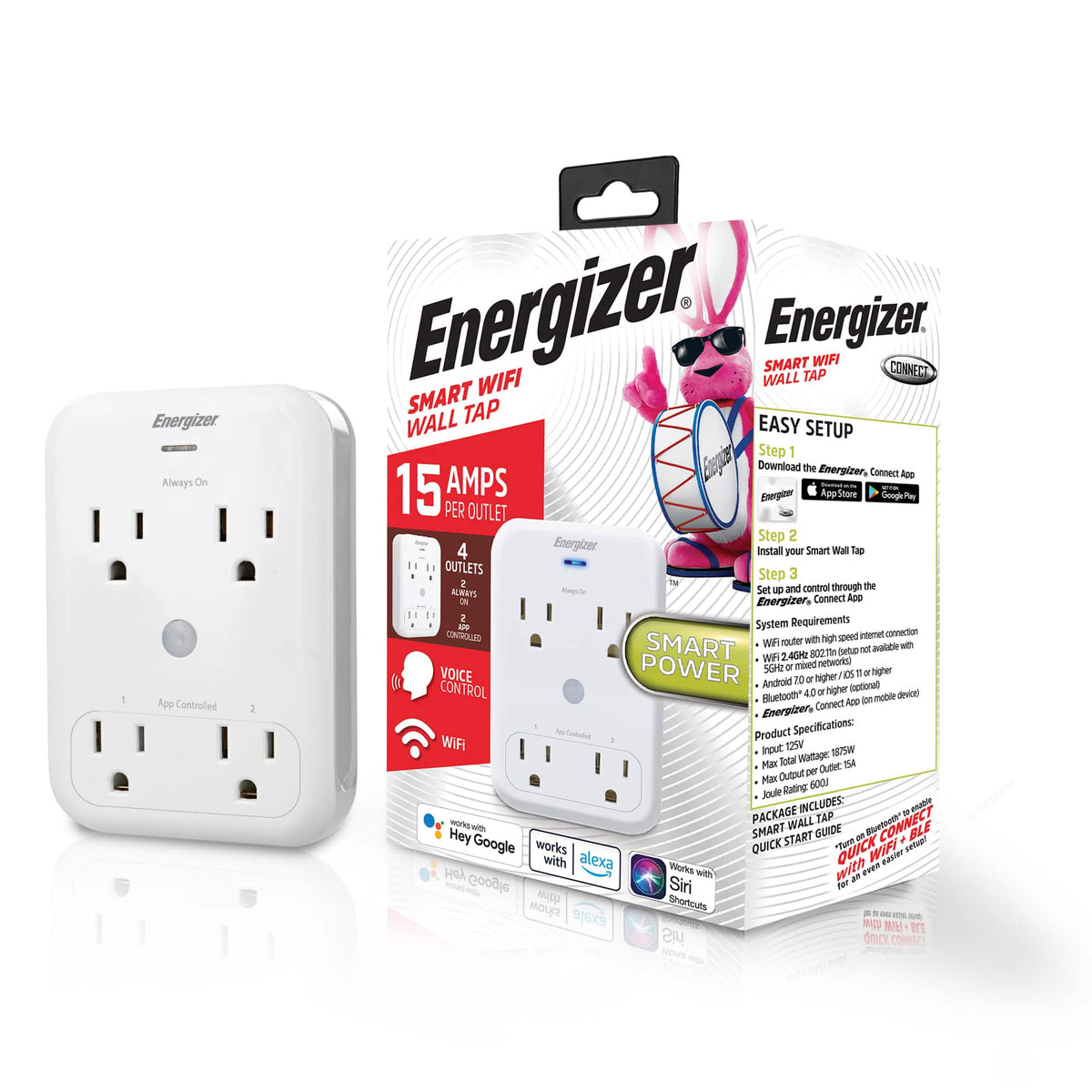 Energizer - Smart Wi-Fi Wall Tap, 4 Outlet, Remote Access Via Downloadable App, Schedule According to Routines - White
