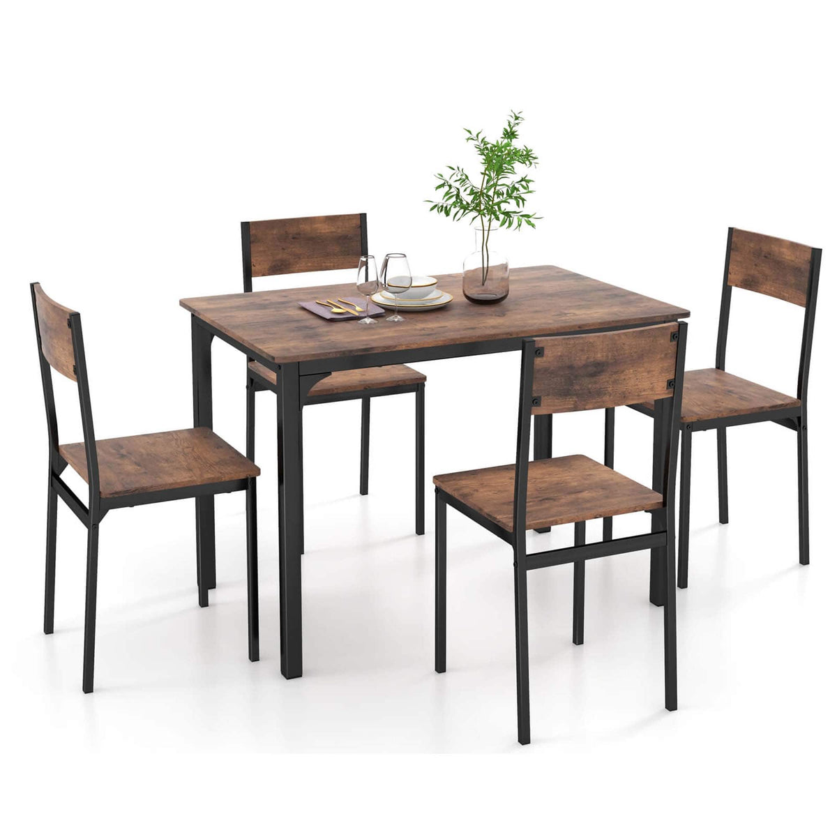 Costway - 5 Piece Dining Table Set Industrial Style Kitchen Table & Chairs for 4 Brown - Rustic Brown