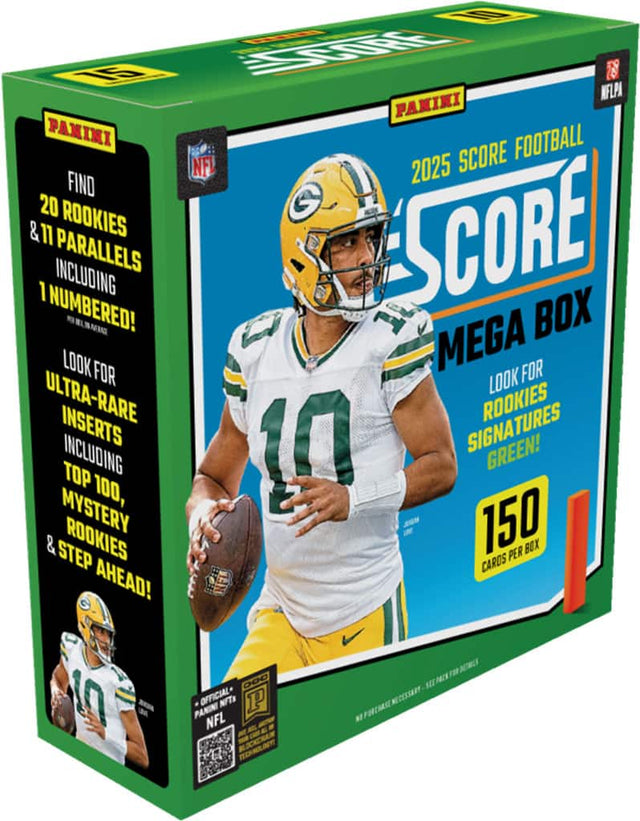 1. PANINI PANINI FOOTBALL NFL 2025 SCORE
2. FIND 20 ROOKIES & 11 PARALLELS INCLUDING 1 NUMBERED!
3. SCORE BOX
4. LOOK FOR MEGA BOX
5. LOOK FOR ULTRA-RARE INSERTS INCLUDING TOP 100, MYSTERY, ROOKIES & STEP AHEAD!
6. 150 CARDS PER BOX
7. SIGNATURES GREEN!
8. OFFICIAL* NFTs
9. PANINI NFL TECHNOLOGY DETAILS
10. NO PURCHASE NECESSARY - SEE PACK DETAILS