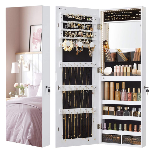 Front. Songmics Home - Mirror Jewelry Cabinet Armoire Organizer, Wall or Door Mount Storage Cabinet with Full-Length Frameless Lighted Mirror - White.