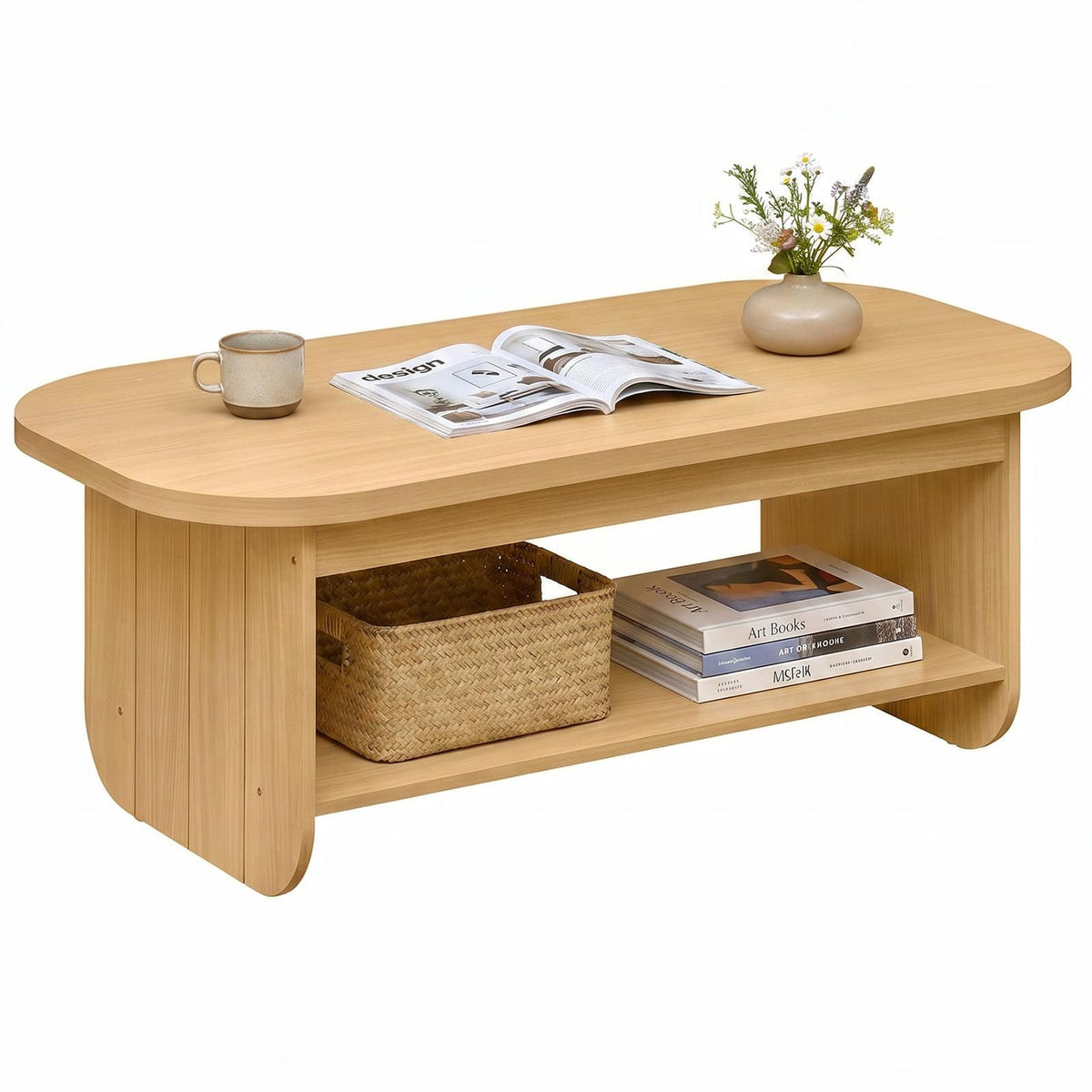 Gymax - 2-Tier Oval Coffee Table 47'' Mid Century Center Table w/ Bottom Storage Shelf Natural - Yellow