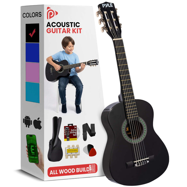 COLORS ACOUSTIC GUITAR KIT  
PYLE  
ALL WOOD BUILD  
TUNER APP  
Extra String Set  
PITCH PIPE