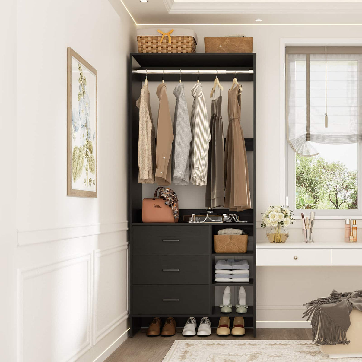 Aheaplus - 2.5FT Closet System with 3 Drawers, 29.6'' Closet Organizer with Hanging Rod and Shelves - Black