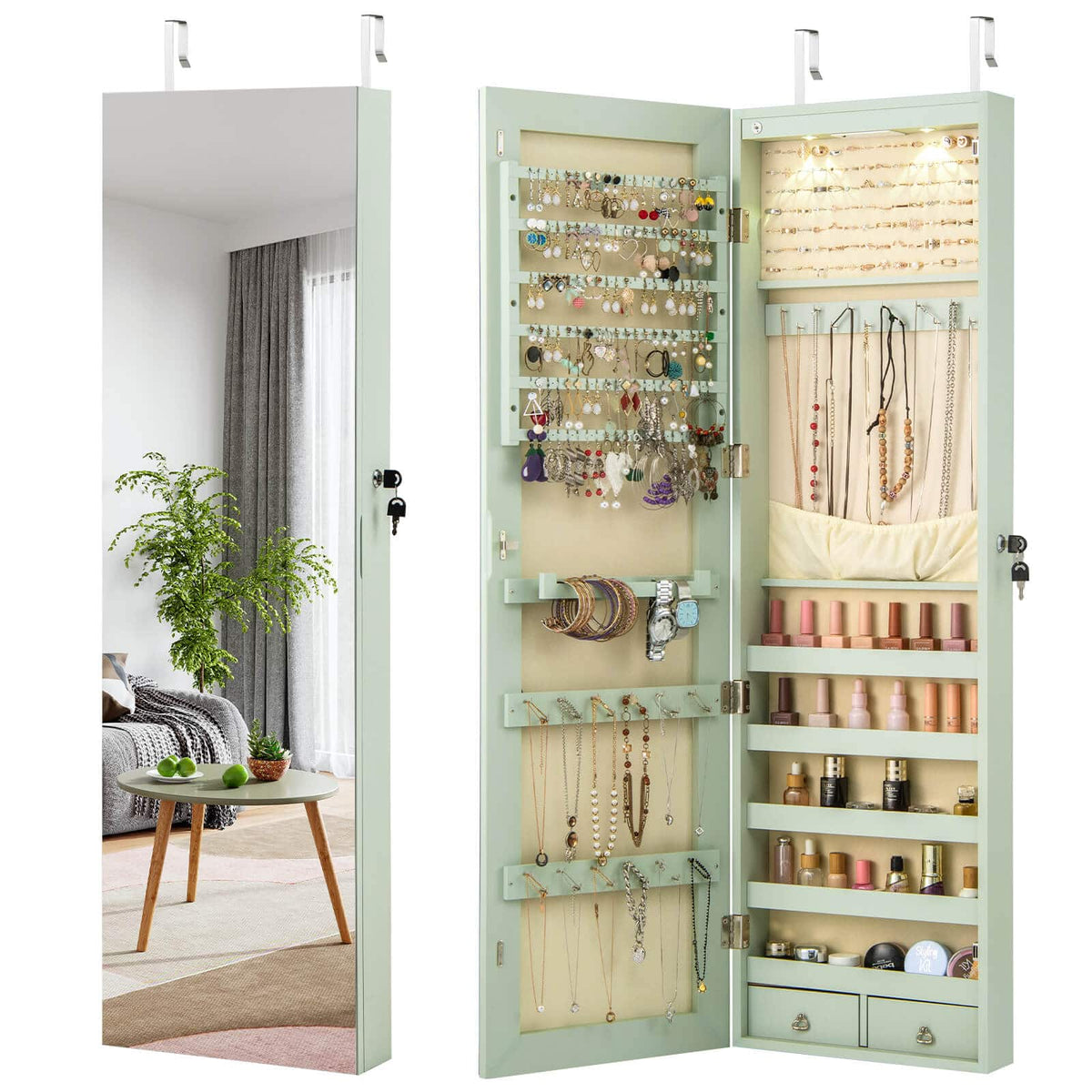 Costway - Mirrored Wall & Door Mounted Jewelry Cabinet Storage Organizer with Lights&Drawer - Green