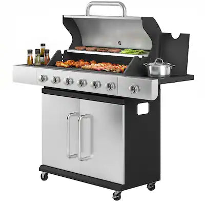 Outsunny - Burner Propane Gas Grill with Side Burner, Barbecue Grill with Cast Iron Grates, Wheels