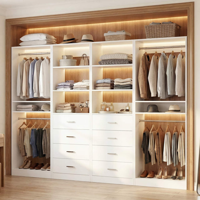 Front. Aheaplus - 92.6" Walk-in Closet Organizer System with 8 Drawers and 4 Hanging Rods, 4 Piece Set - White.