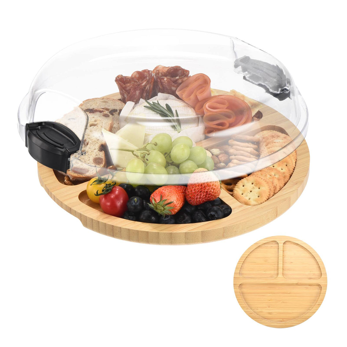 Unique Bargains - Charcuterie Board with Lid & Handle, Portable Cheese Platter, Bamboo Cutting Tray for Kitchen, Gifts - Black