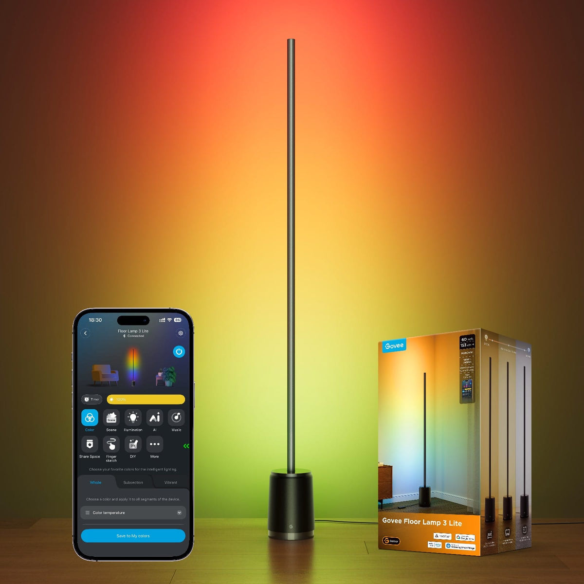 Govee - Floor Lamp 3 Lite, Smart RGBIC LED Corner Lamp Compatible with Alexa, SmartThings, Matter, 1400lm - ‎Black
