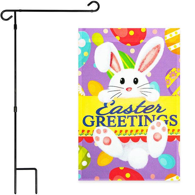 G128 - Garden Flag Stand with Easter Bunny & Eggs Flag - 36 x 16 in Stand and 12 x 18 in Vertical Flag - Assorted Colors