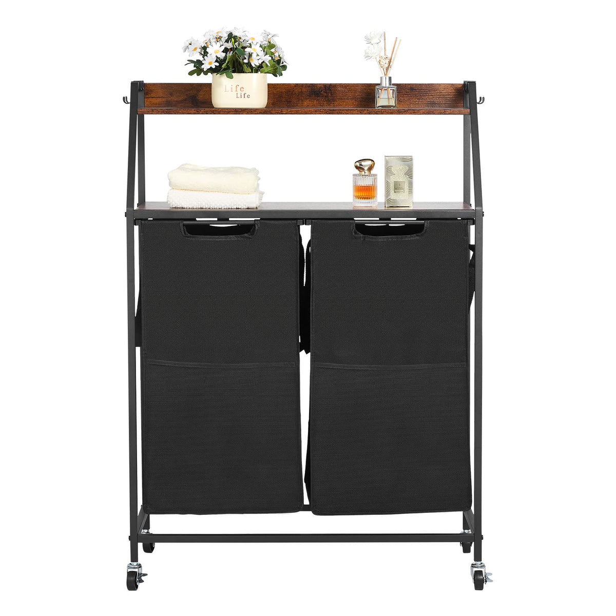 VEVOR - 2 Tiers Laundry Sorter, Tall Laundry Hamper with Metal Frame and Wooden Tabletop, 2 Section Rolling Basket Organizer - Black,Brown