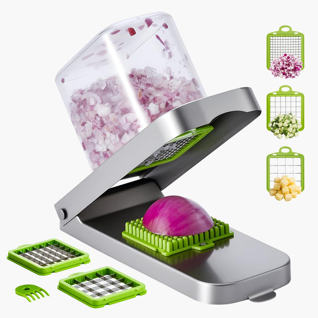 Front. VEVOR - Vegetable Chopper, Food Veggie Cutter with 3 Stainless Steel Blades, Onion Slicer with Container - Silver.